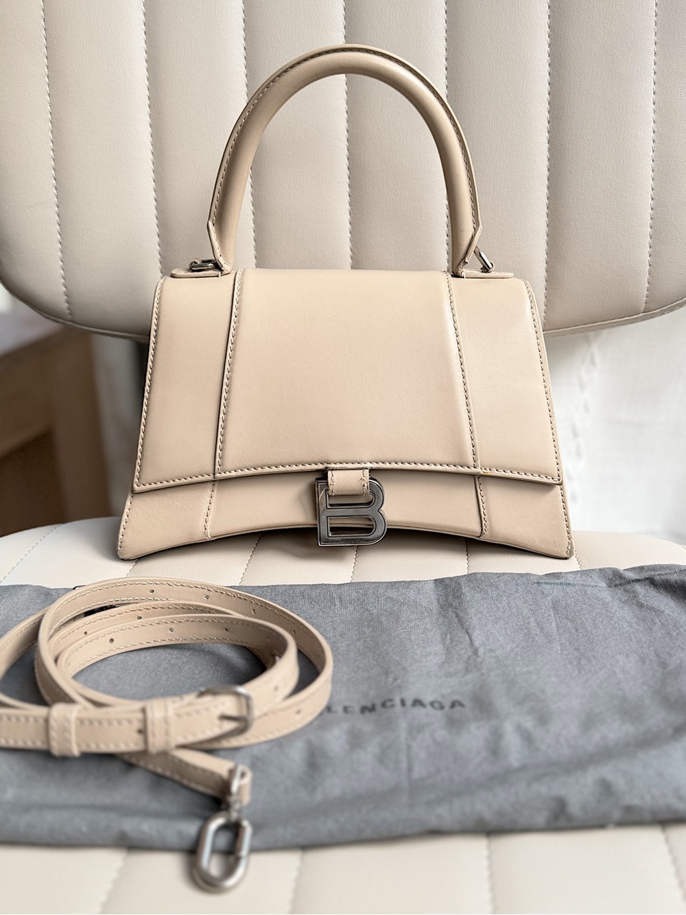 Balenciaga calfskin leather small hourglass nude beige crossbody top handle bag
